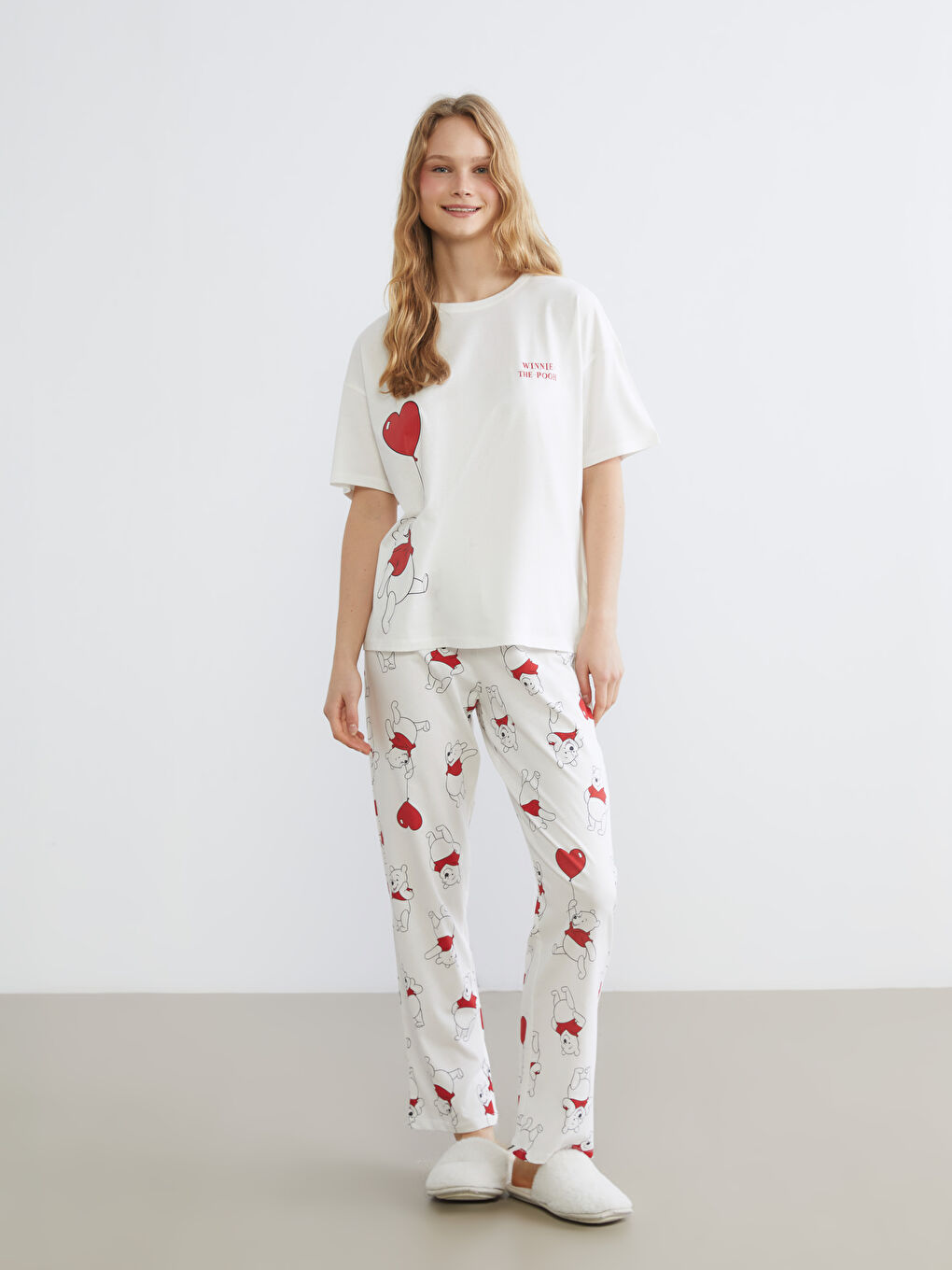 Ekru Winnie the Pooh Baskılı Kadın Pijama Takım
