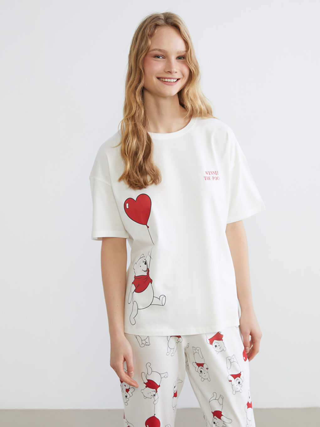 Ekru Winnie the Pooh Baskılı Kadın Pijama Takım-1