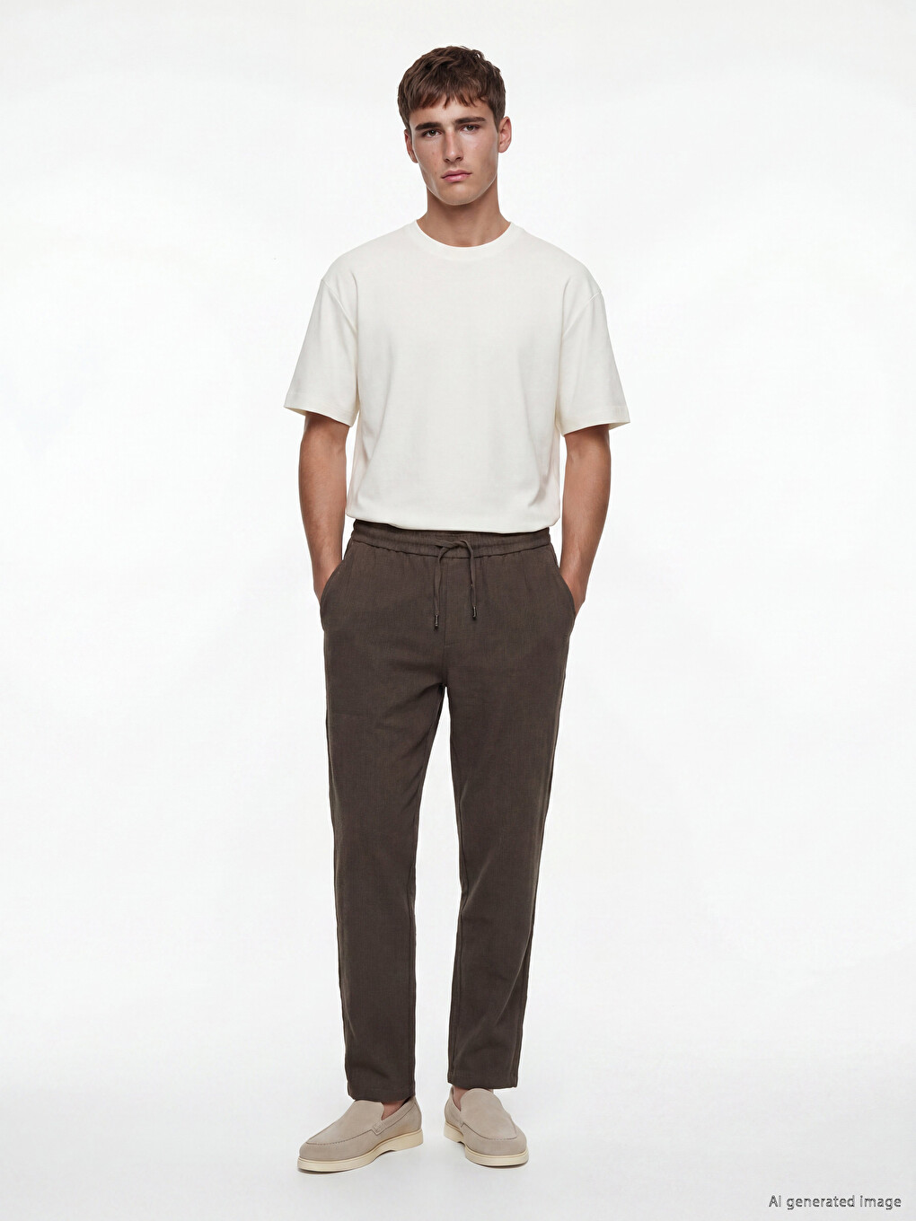 Kahverengi Regular Fit Keten Görünümlü Erkek Pantolon