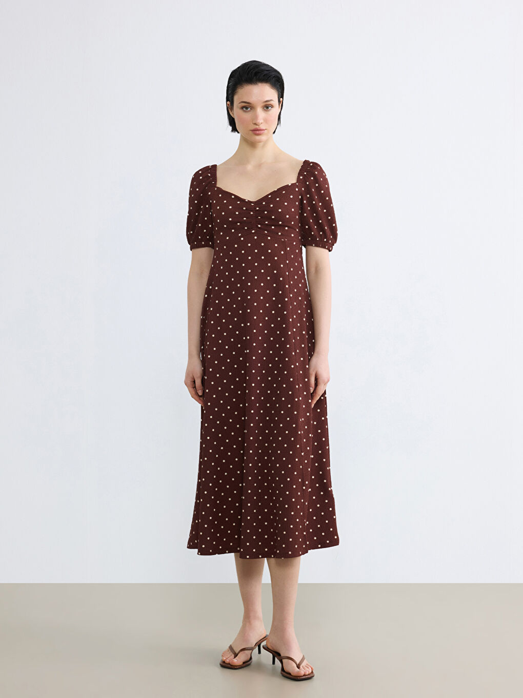 Sweetheart Neck Puff Sleeve Polka Dot Dress-1