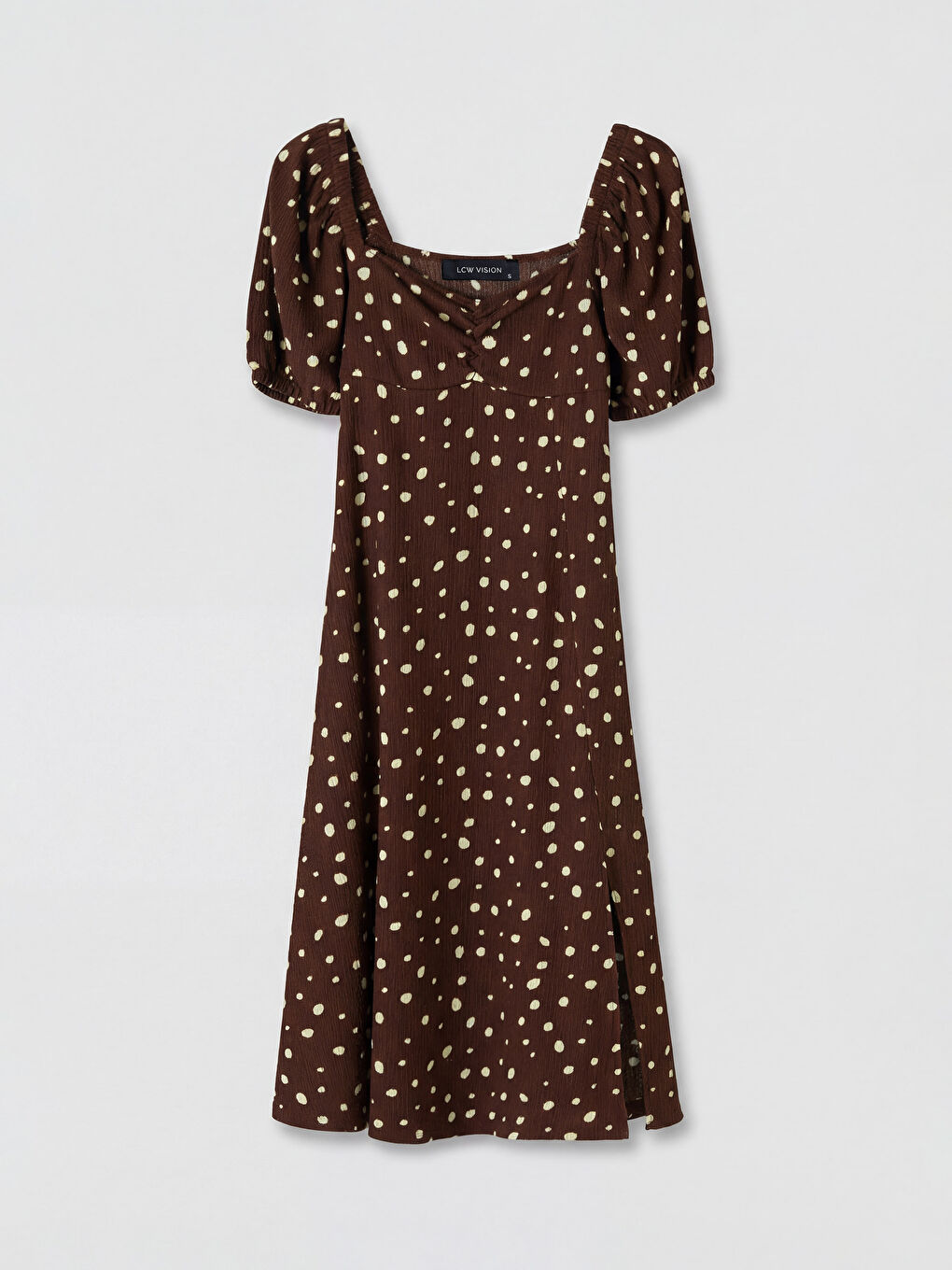 Ekru Kalp Yaka Puantiyeli Elbise