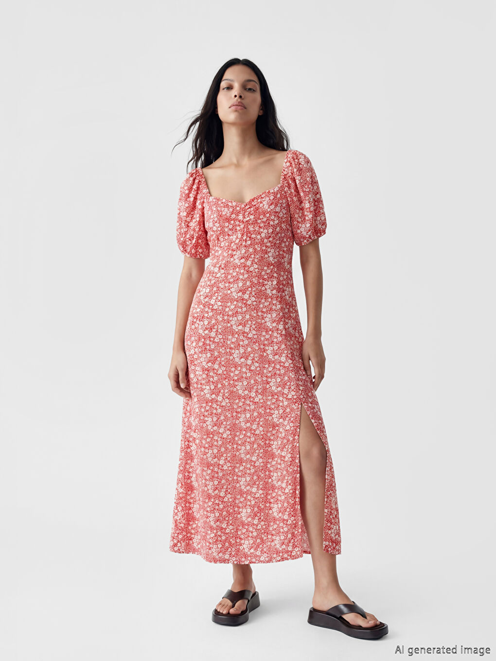 Haljina sa cvetnim dezenom, puf rukavima i izrezom u obliku srca