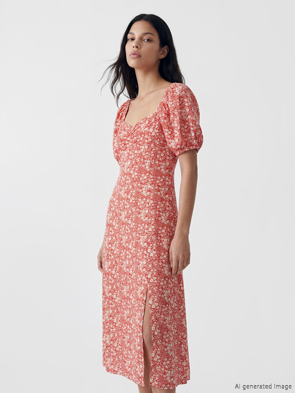 Haljina sa cvetnim dezenom, puf rukavima i izrezom u obliku srca-1