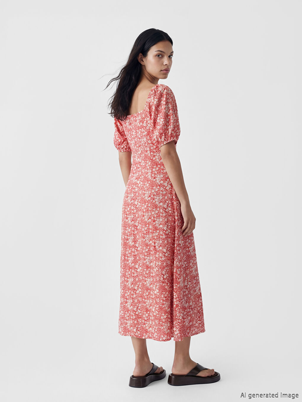 Haljina sa cvetnim dezenom, puf rukavima i izrezom u obliku srca-3