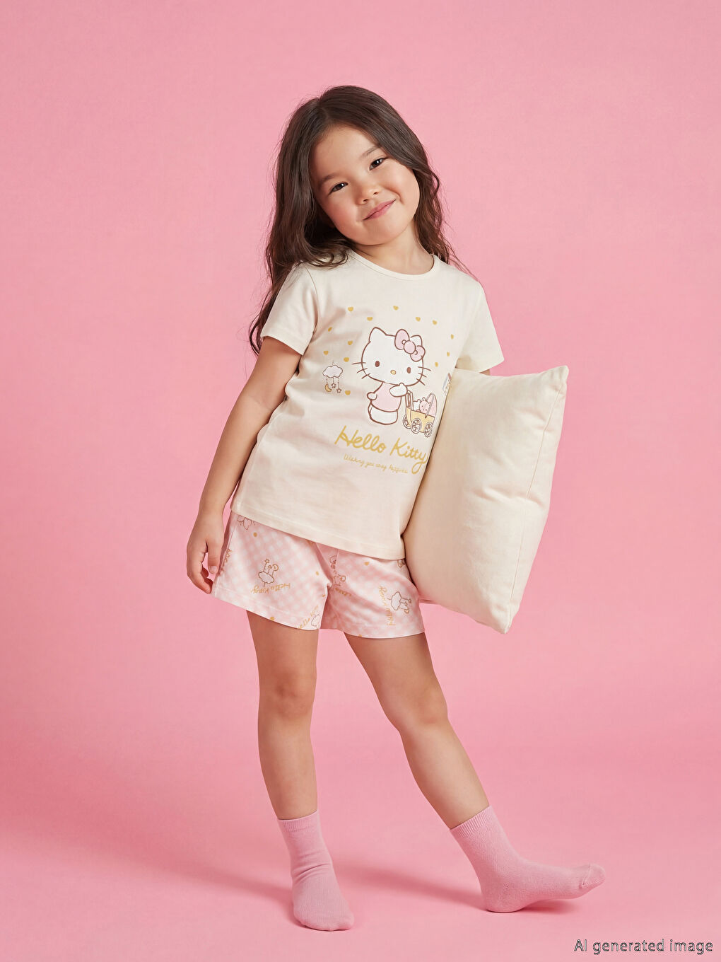 Bej Hello Kitty Baskılı Kız Çocuk Şortlu Pijama Takımı-1