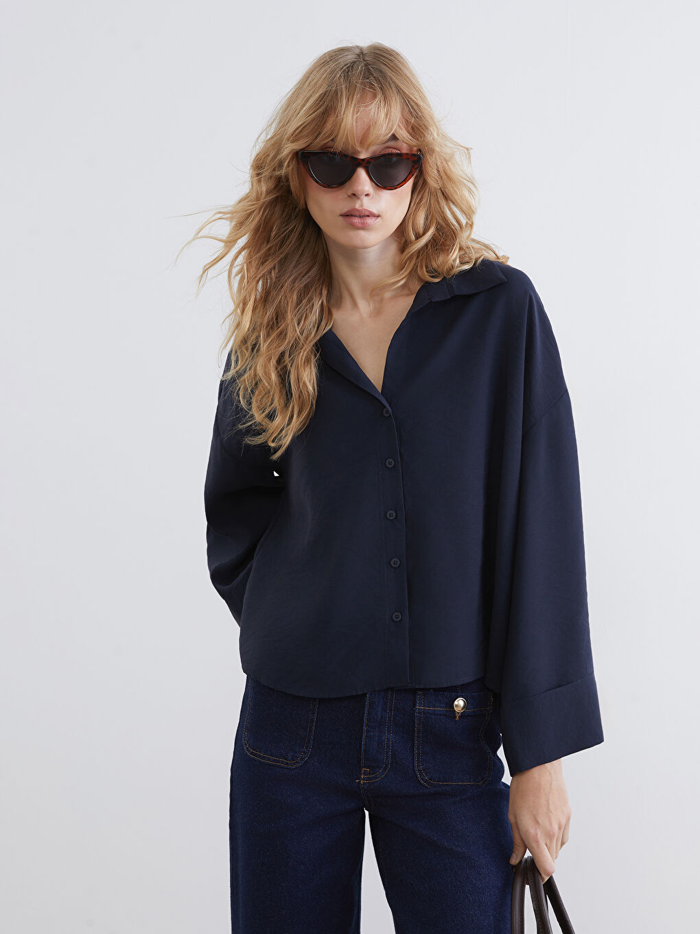 Lacivert Oversize Kadın Gömlek