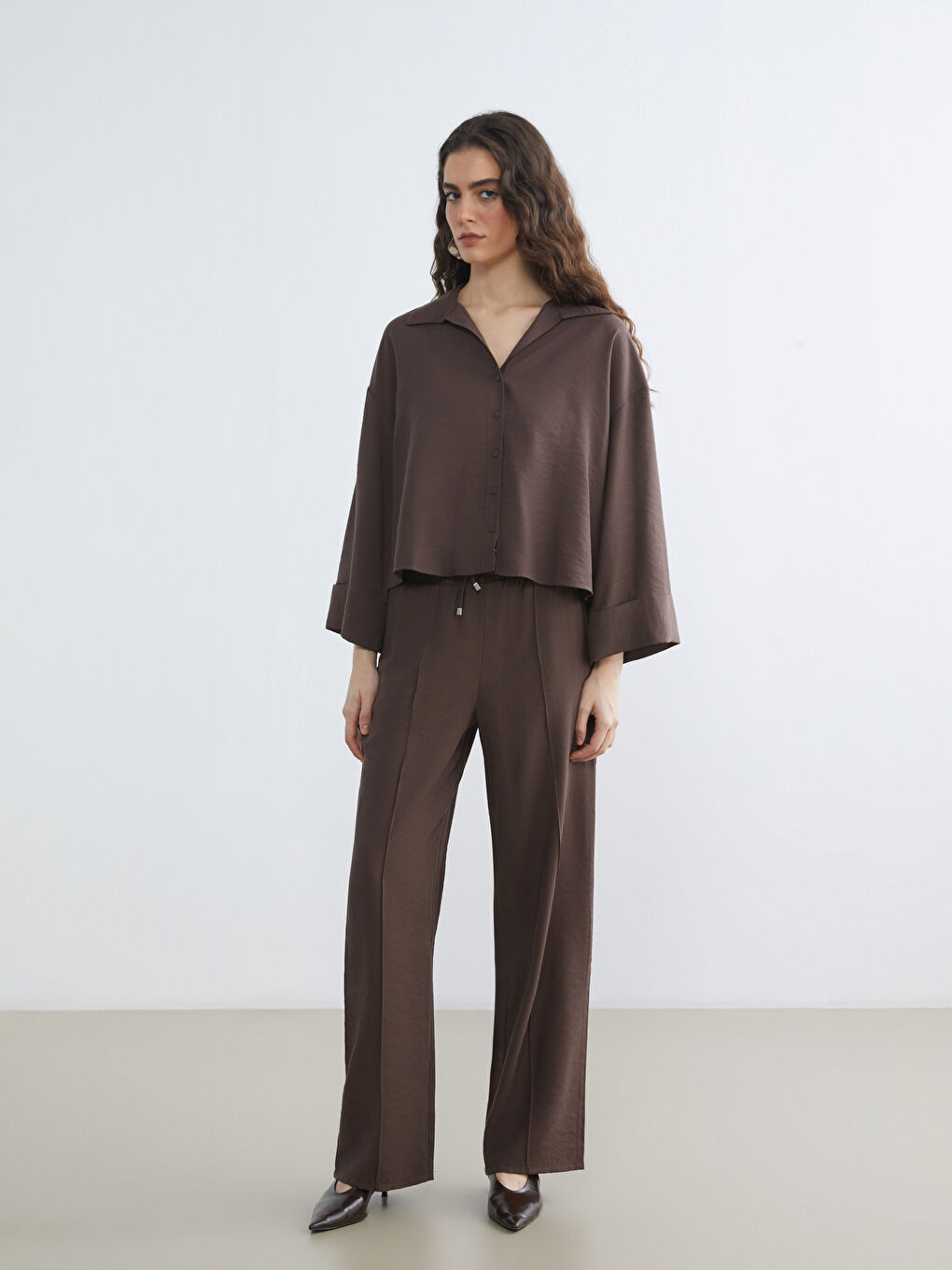 Kahverengi Oversize Kadın Gömlek-1