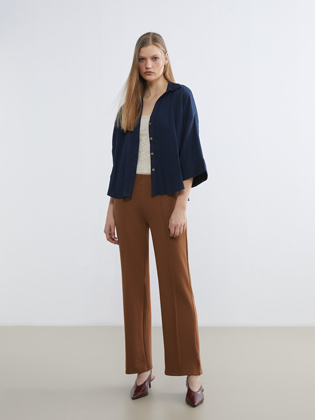 Lacivert Dokulu Oversize Kadın Gömlek-1