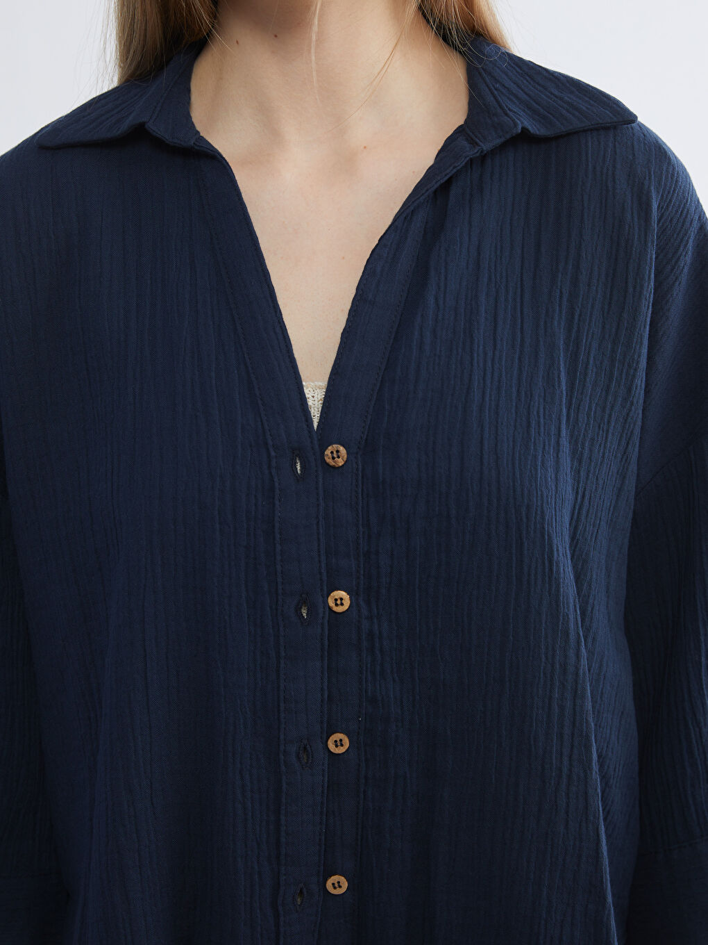 Lacivert Dokulu Oversize Kadın Gömlek-2