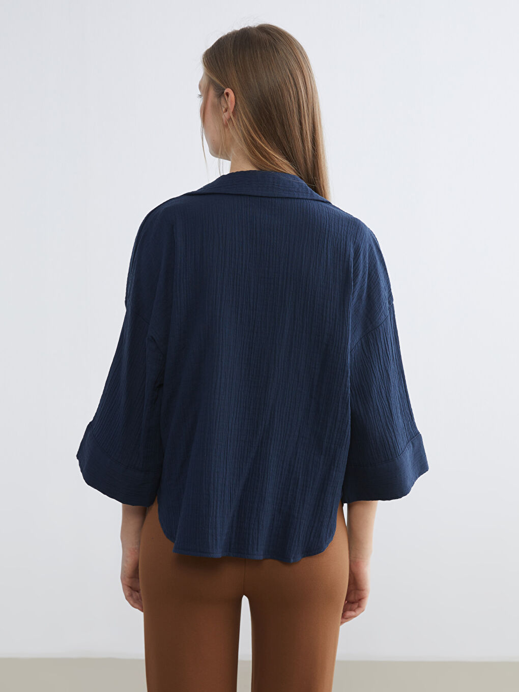 Lacivert Dokulu Oversize Kadın Gömlek-3