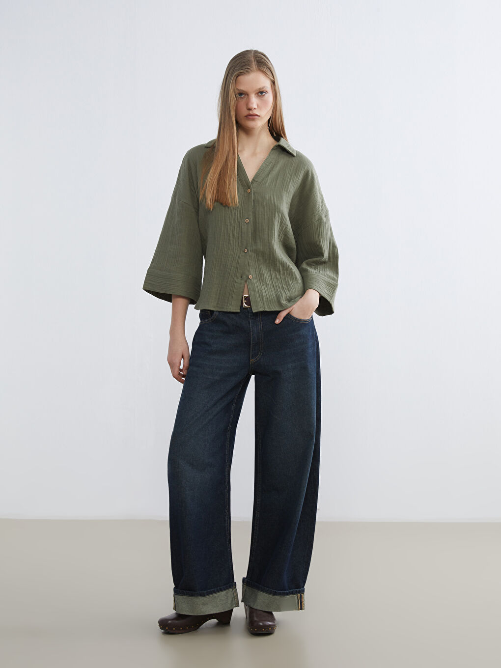 Haki Dokulu Oversize Kadın Gömlek-1