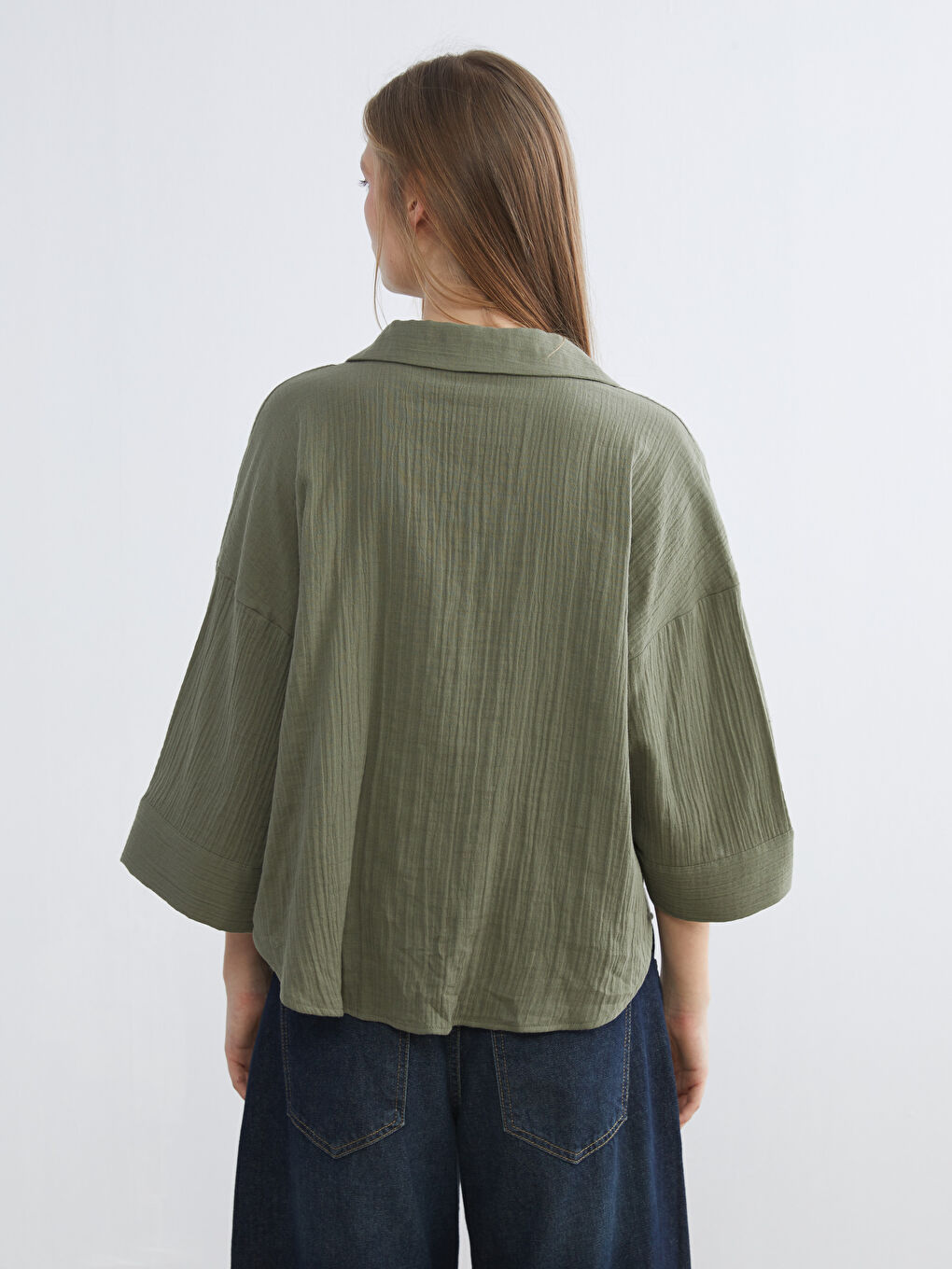 Haki Dokulu Oversize Kadın Gömlek-3