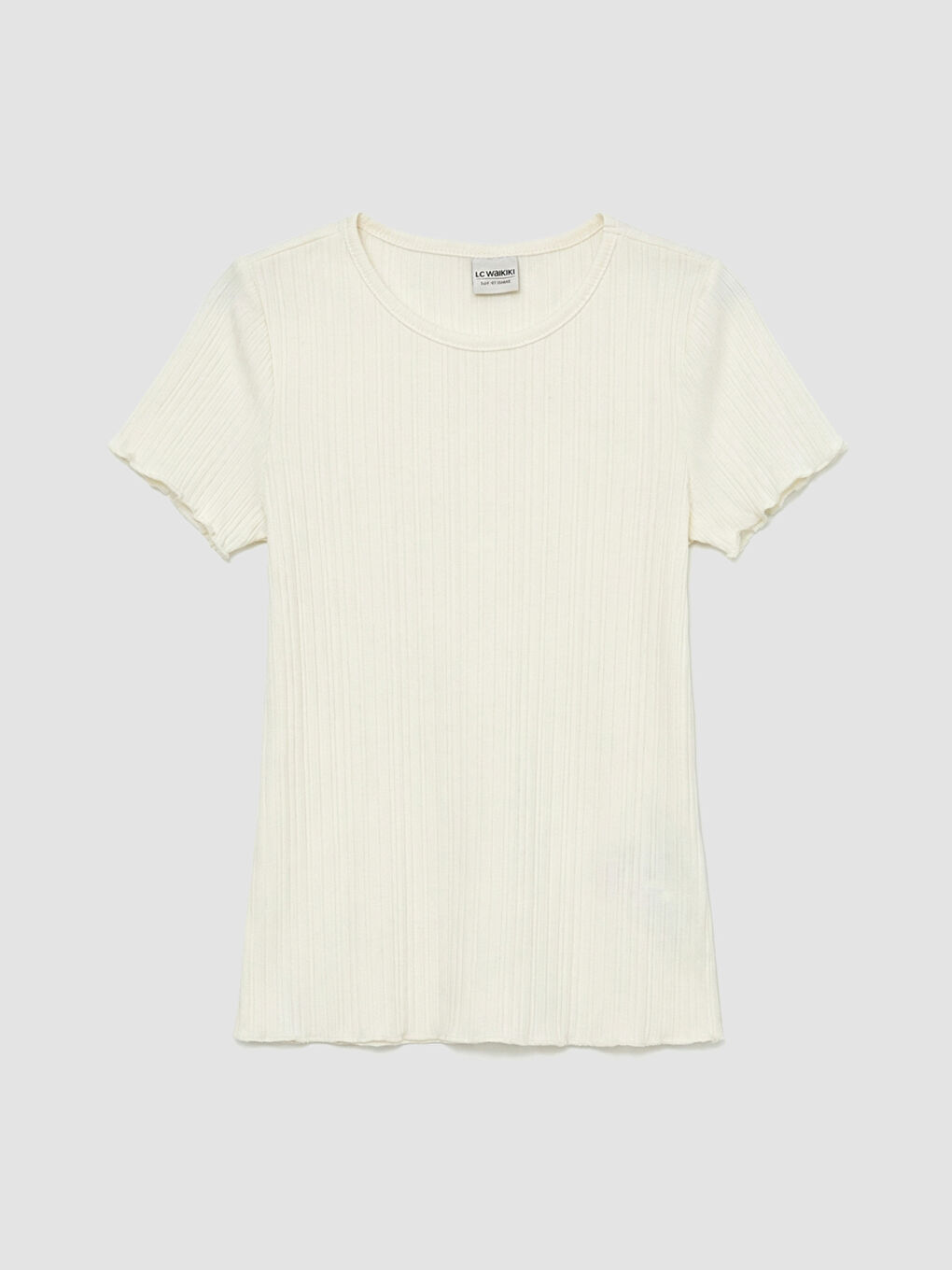 Ekru Bisiklet Yaka Fitilli Kız Çocuk Tişört