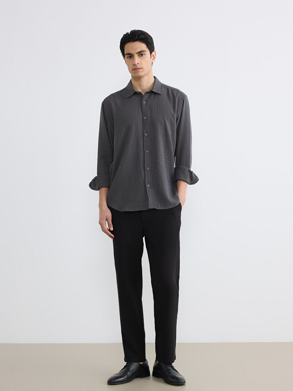 Antrasit Regular Fit Erkek Krinkle Gömlek-1