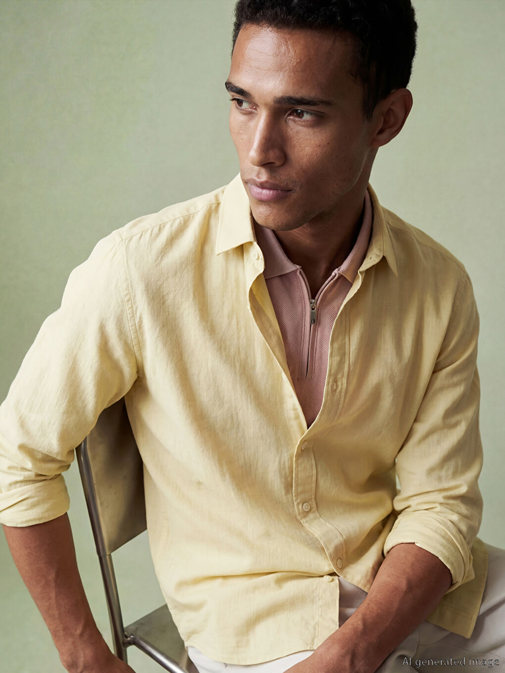 Sarı Regular Fit Keten Görünümlü Erkek Gömlek