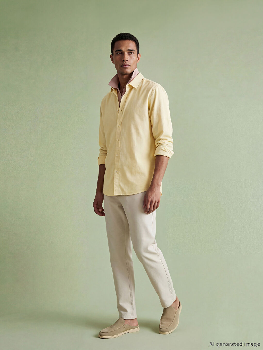 Sarı Regular Fit Keten Görünümlü Erkek Gömlek-1