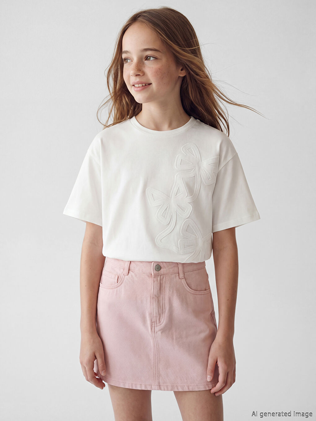 қыздарға арналған велосипед жағалы және бантик кестеленген футболка