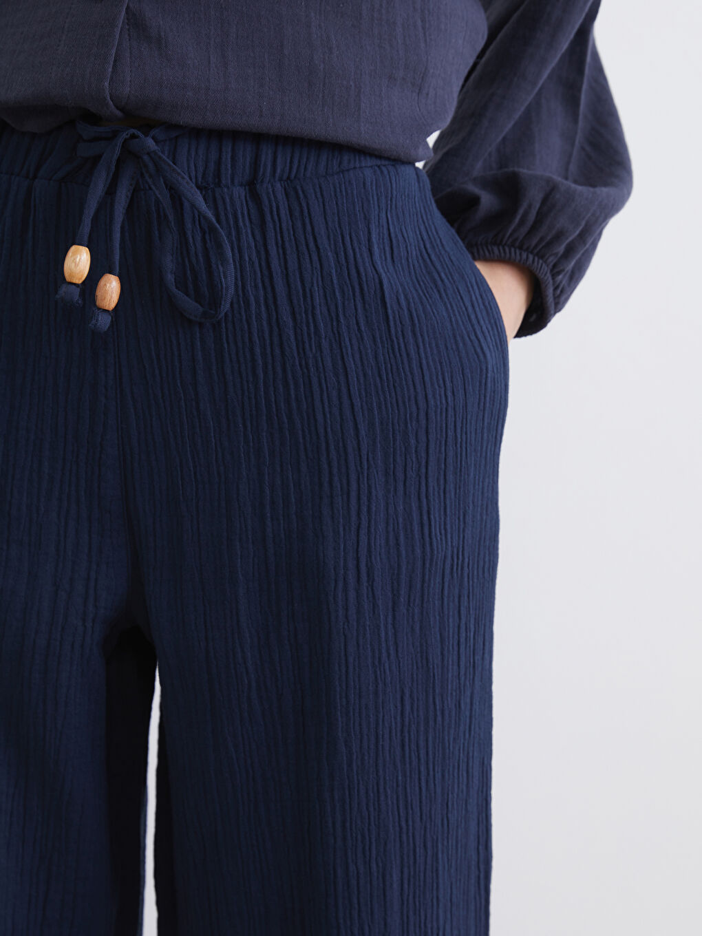 Lacivert Beli Lastikli Kadın Müslin Pantolon-2