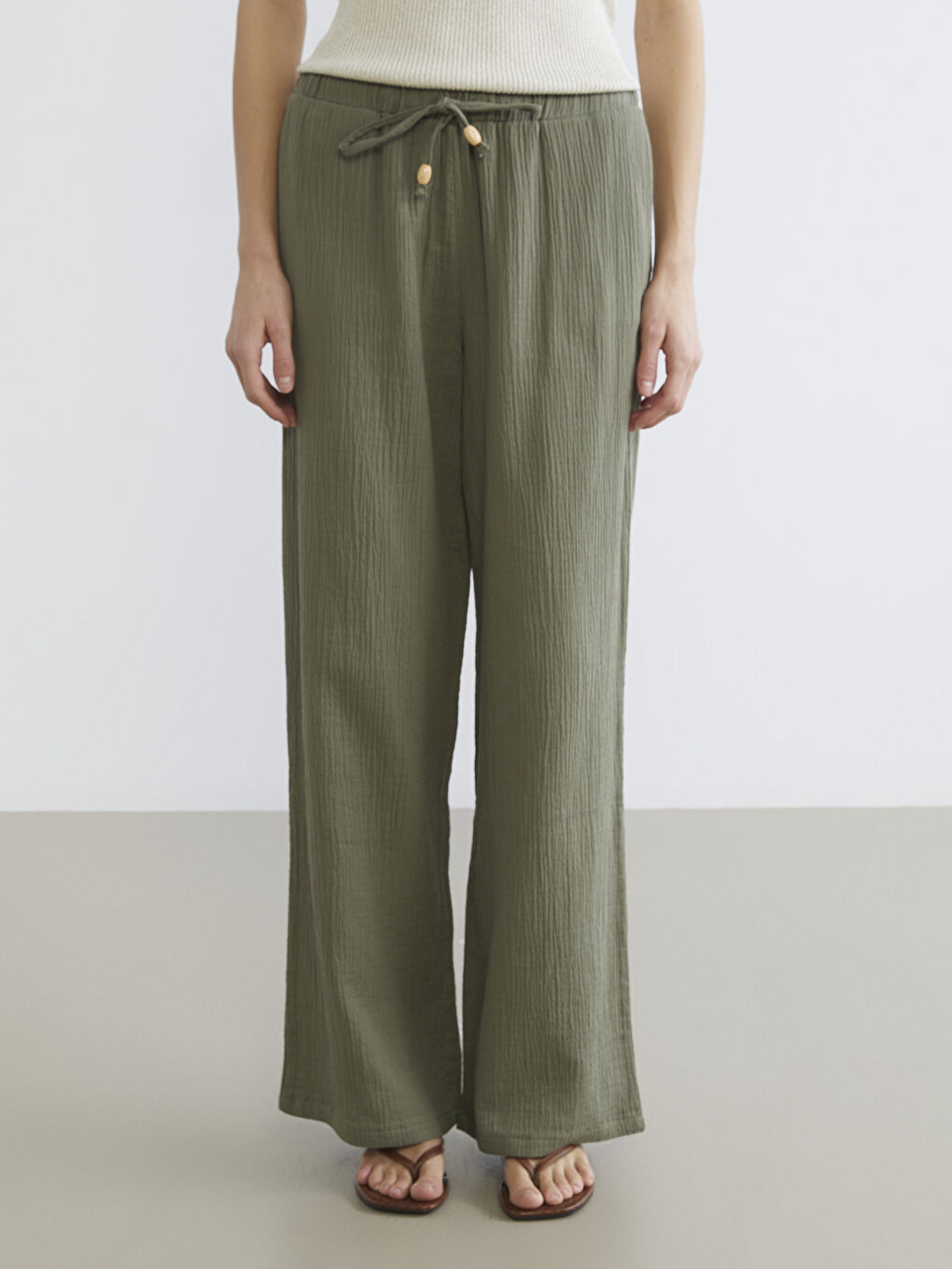 Haki Beli Lastikli Kadın Müslin Pantolon-1