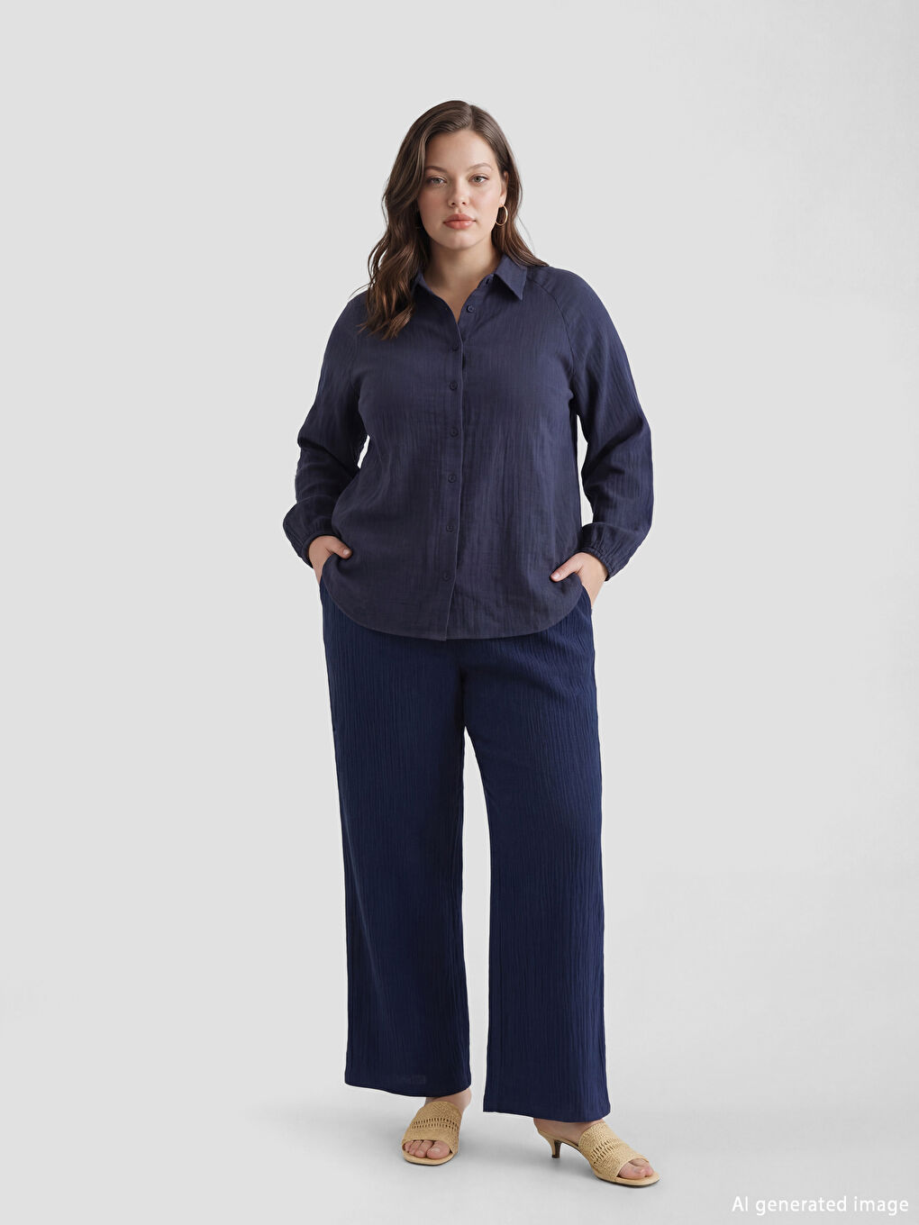 Lacivert Beli Lastikli Kadın Müslin Pantolon-1