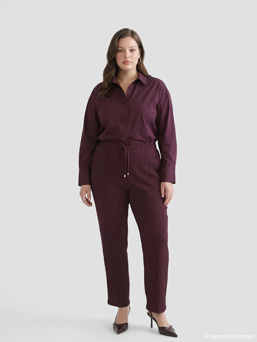 Bordo Beli Lastikli Dokulu Havuç Kesim Kadın Pantolon-1