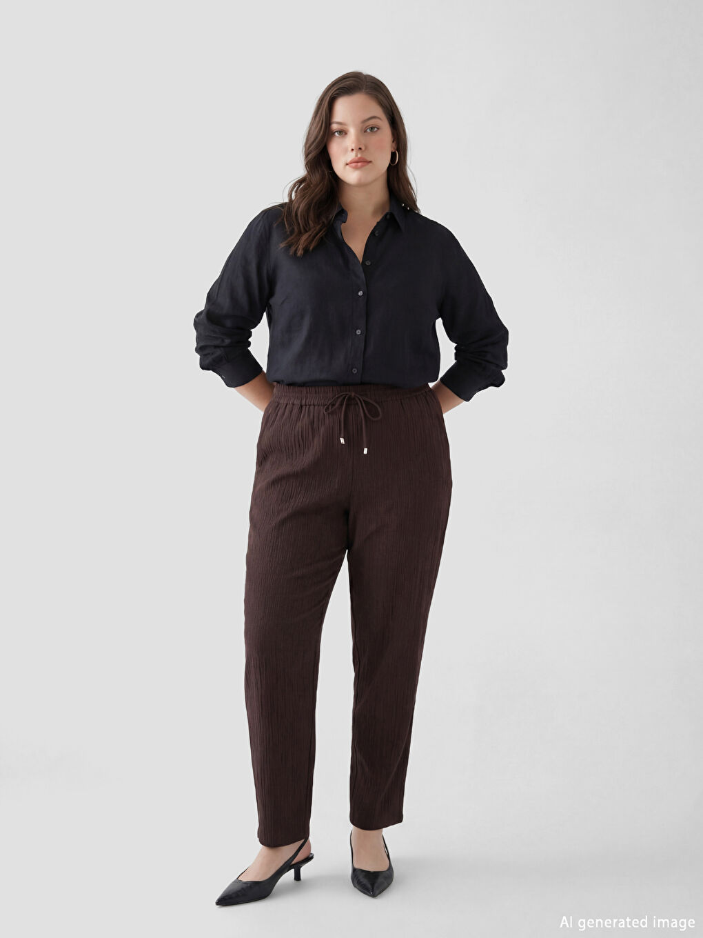 Kahverengi Beli Lastikli Dokulu Havuç Kesim Kadın Pantolon-1