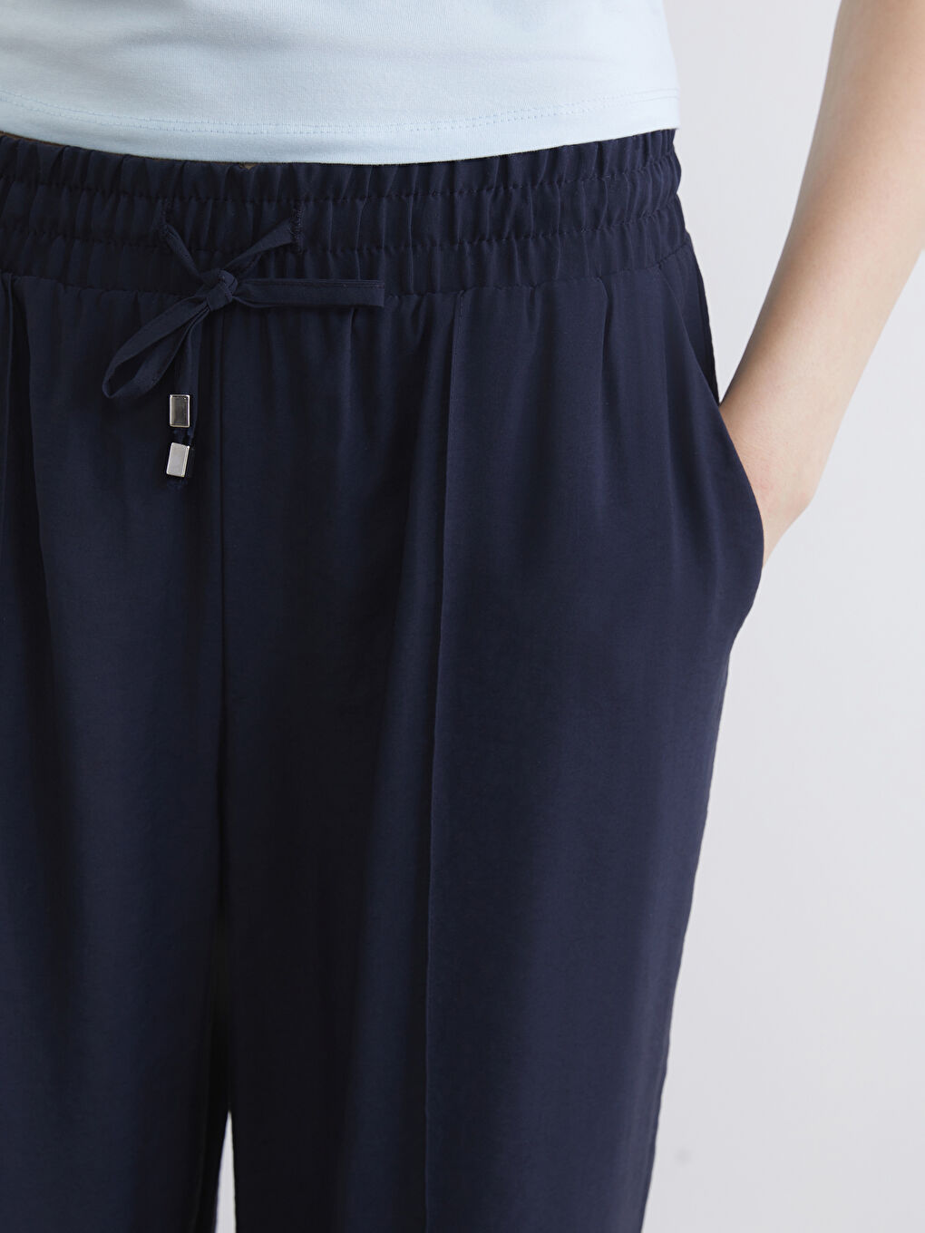 Lacivert Beli Lastikli Geniş Paça Kadın Pantolon-2