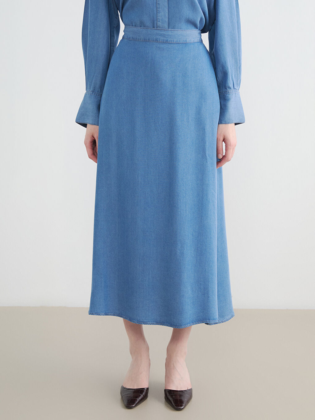 İndigo Beli Lastikli Kloş Jean Etek-1