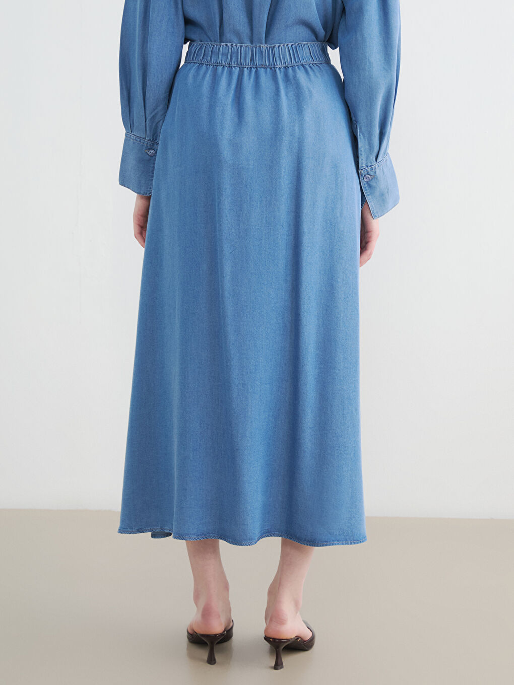 İndigo Beli Lastikli Kloş Jean Etek-3