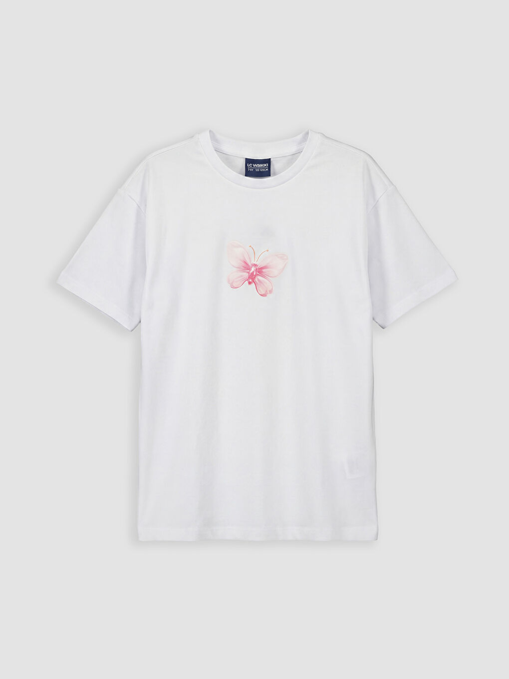 Beyaz Bisiklet Yaka Kelebek Baskılı Kız Çocuk Tişört