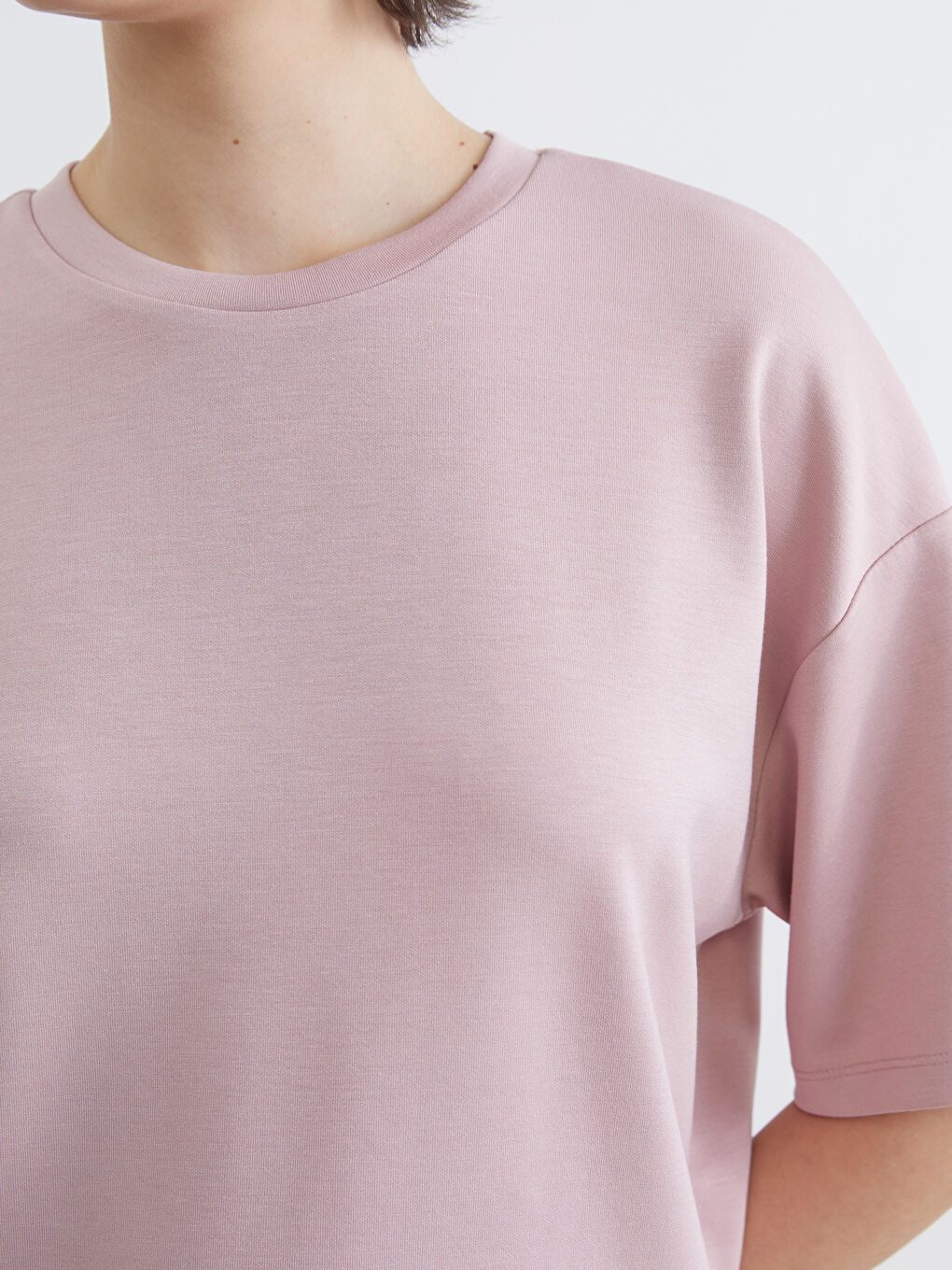 Pembe Bisiklet Yaka Soft Touch Oversize Kadın Tişört-2