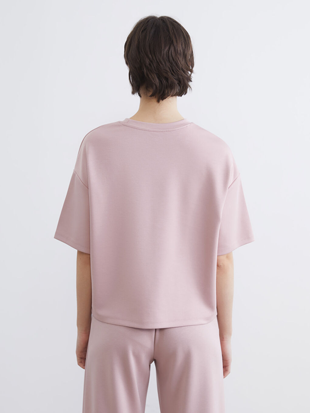 Pembe Bisiklet Yaka Soft Touch Oversize Kadın Tişört-3