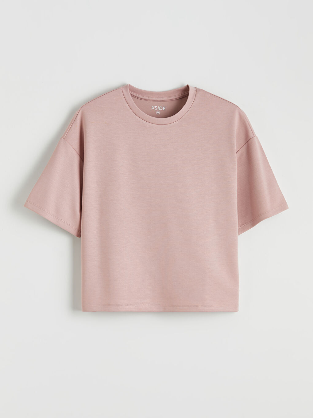 Pembe Bisiklet Yaka Soft Touch Oversize Kadın Tişört-4