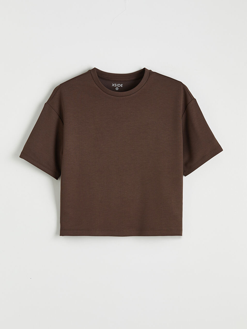 Kahverengi Bisiklet Yaka Soft Touch Oversize Kadın Tişört-4