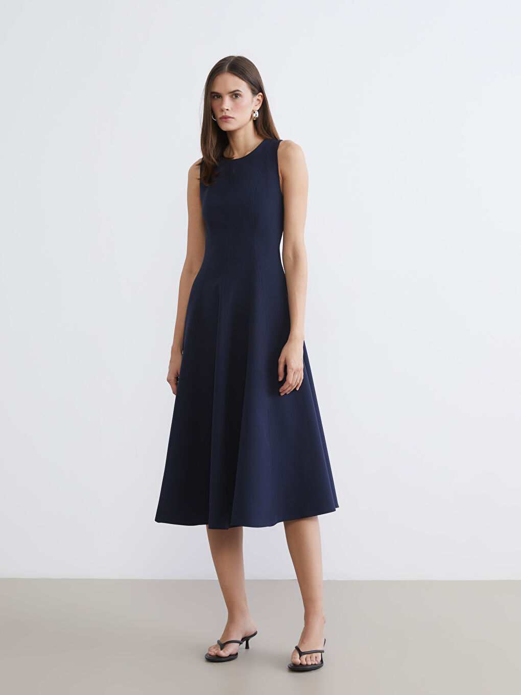 Lacivert Bisiklet Yaka Peplum Elbise