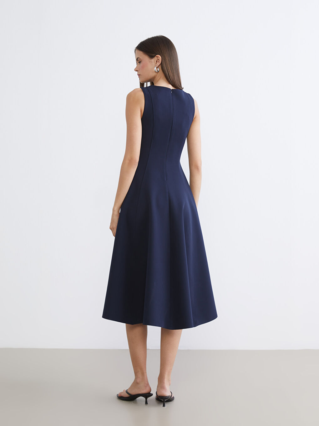 Lacivert Bisiklet Yaka Peplum Elbise-3