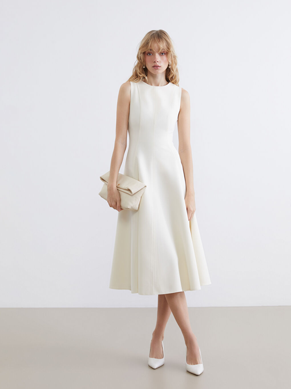 Ekru Bisiklet Yaka Peplum Elbise-1