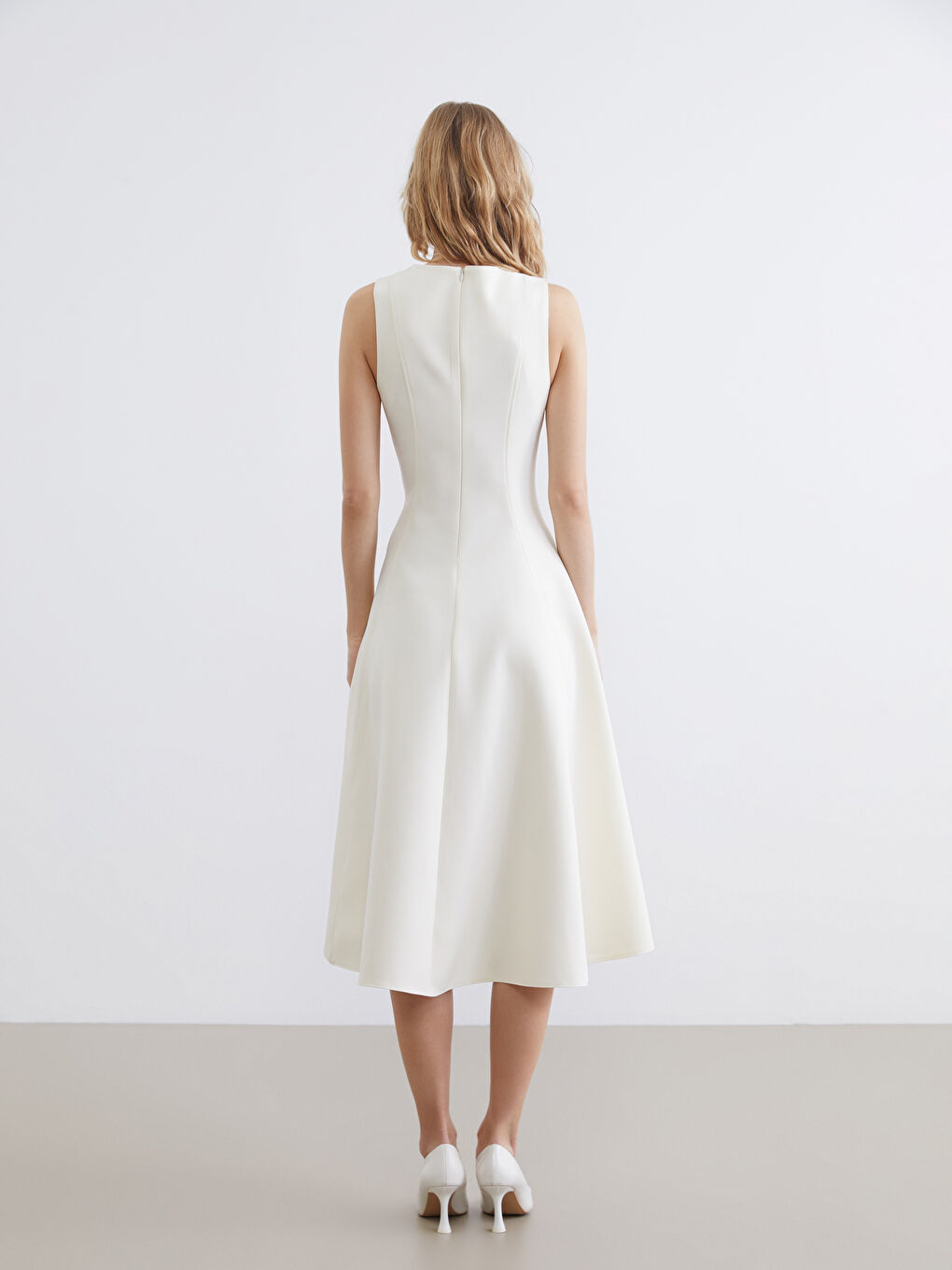 Ekru Bisiklet Yaka Peplum Elbise-3