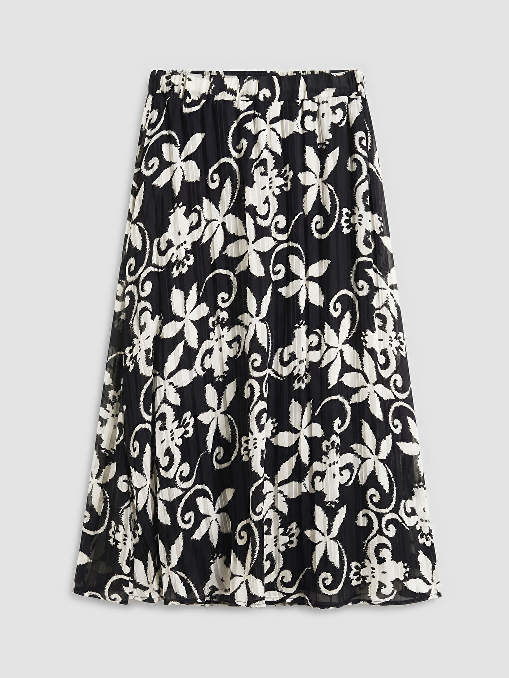 Siyah Beli Lastikli Çiçekli Şifon Pileli Etek-4