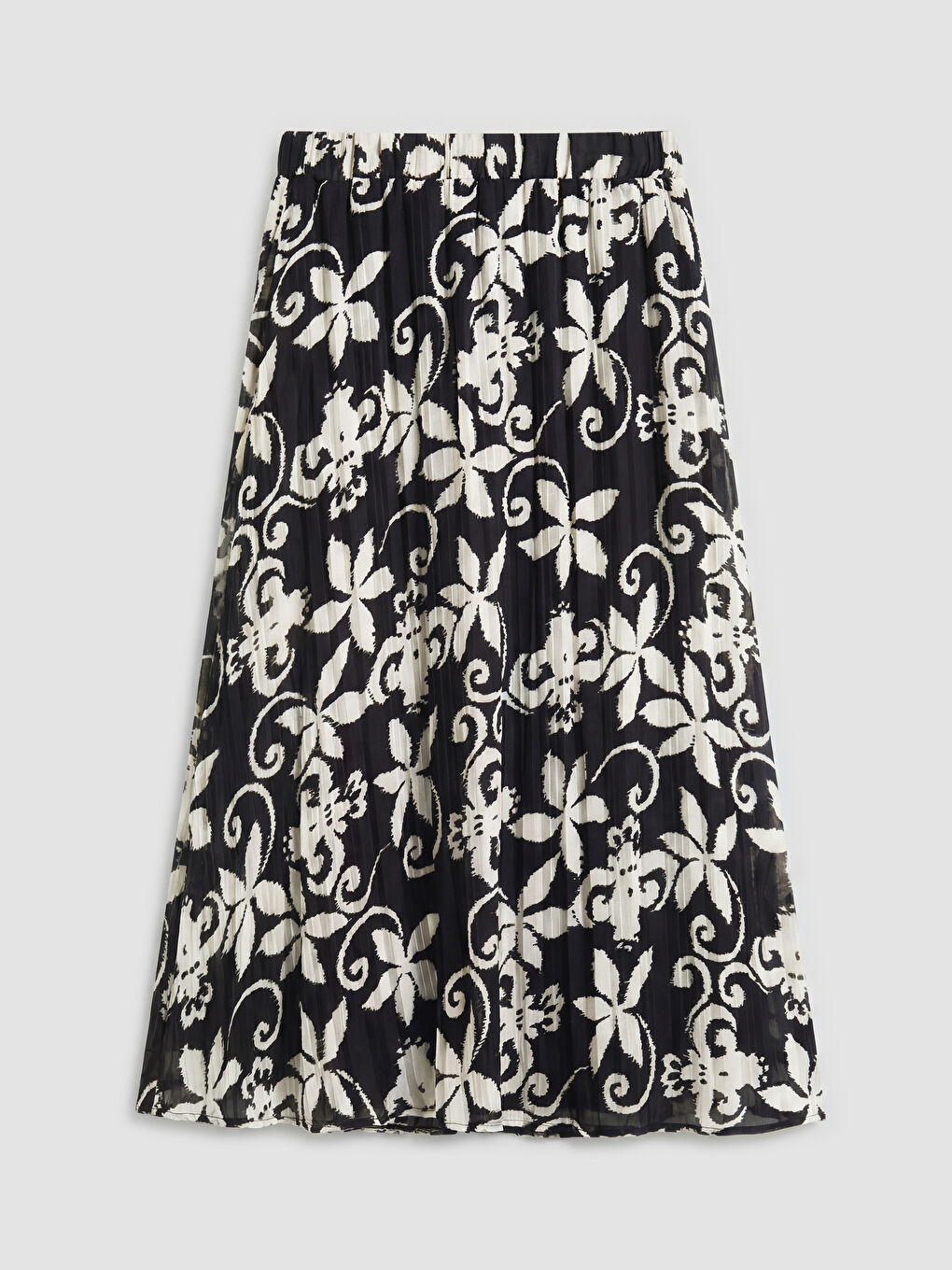 Siyah Beli Lastikli Çiçekli Şifon Pileli Etek-5