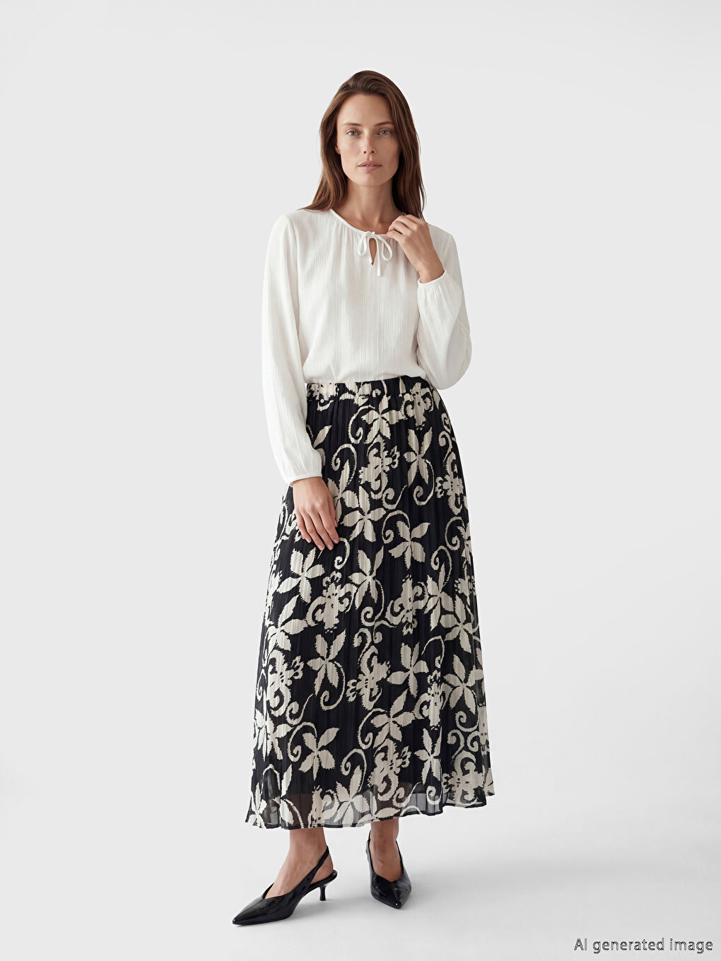 Siyah Beli Lastikli Çiçekli Şifon Pileli Etek