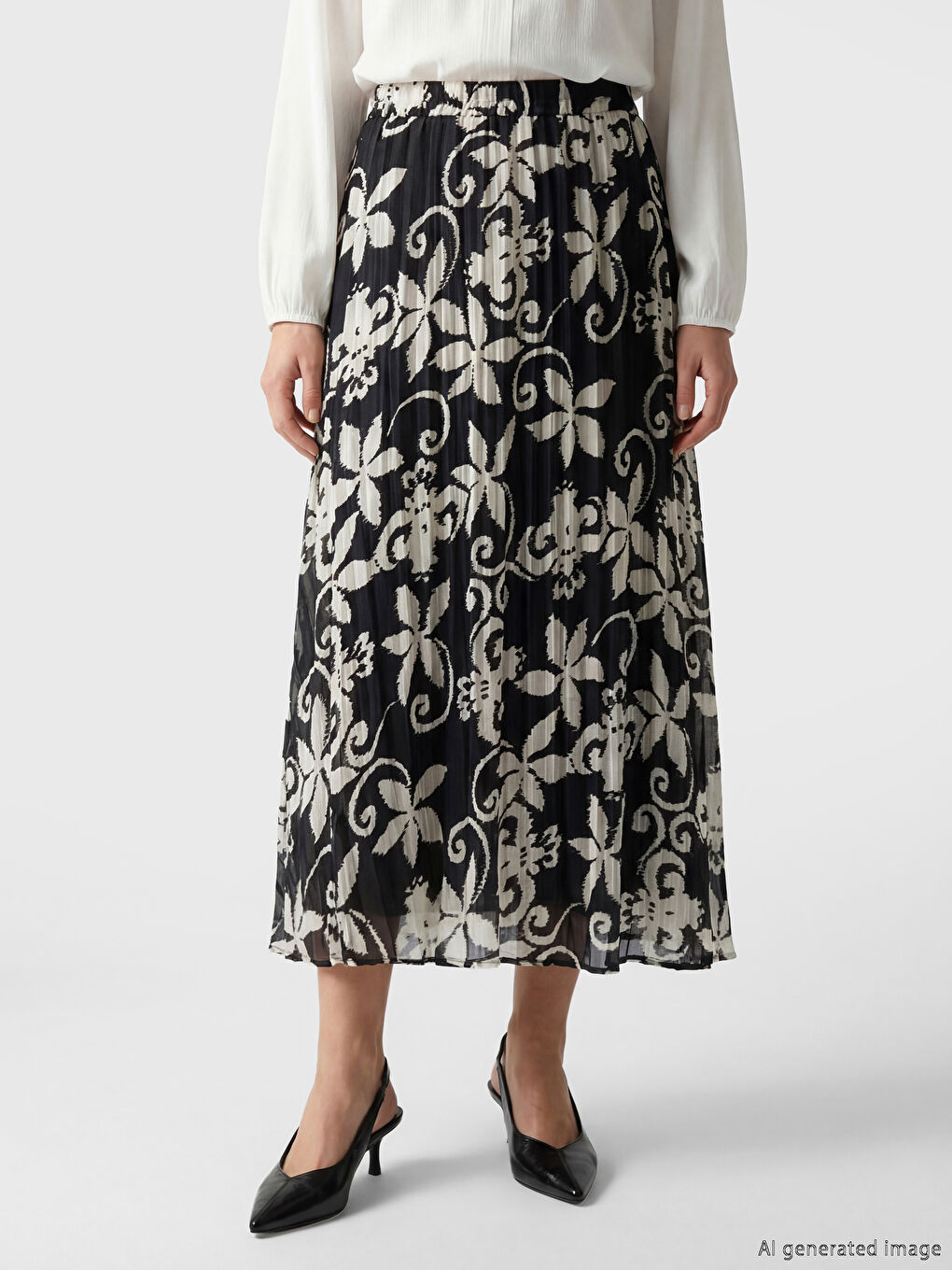 Siyah Beli Lastikli Çiçekli Şifon Pileli Etek-1