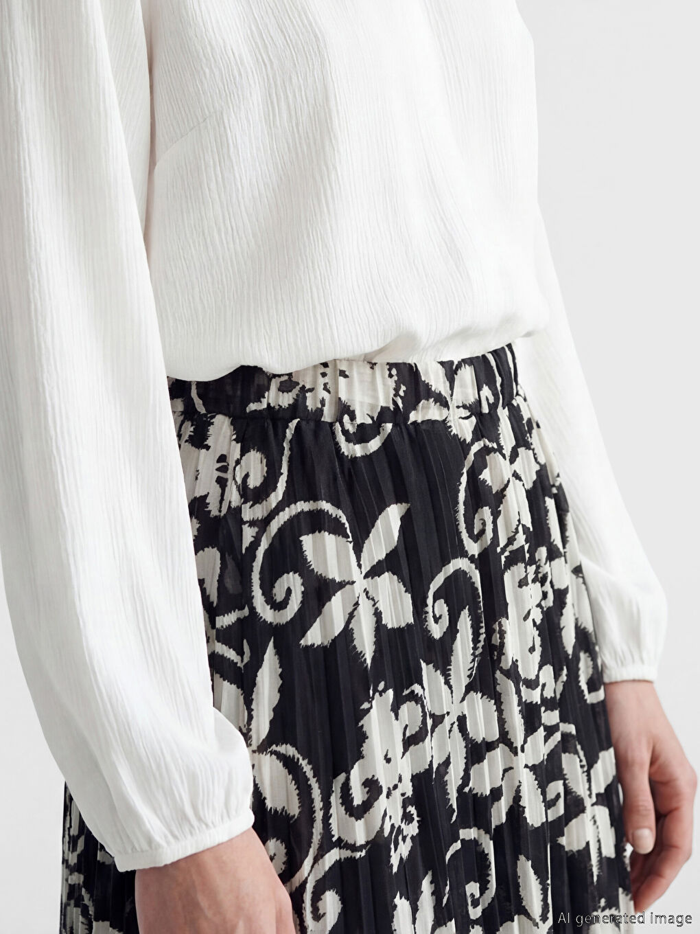 Siyah Beli Lastikli Çiçekli Şifon Pileli Etek-2