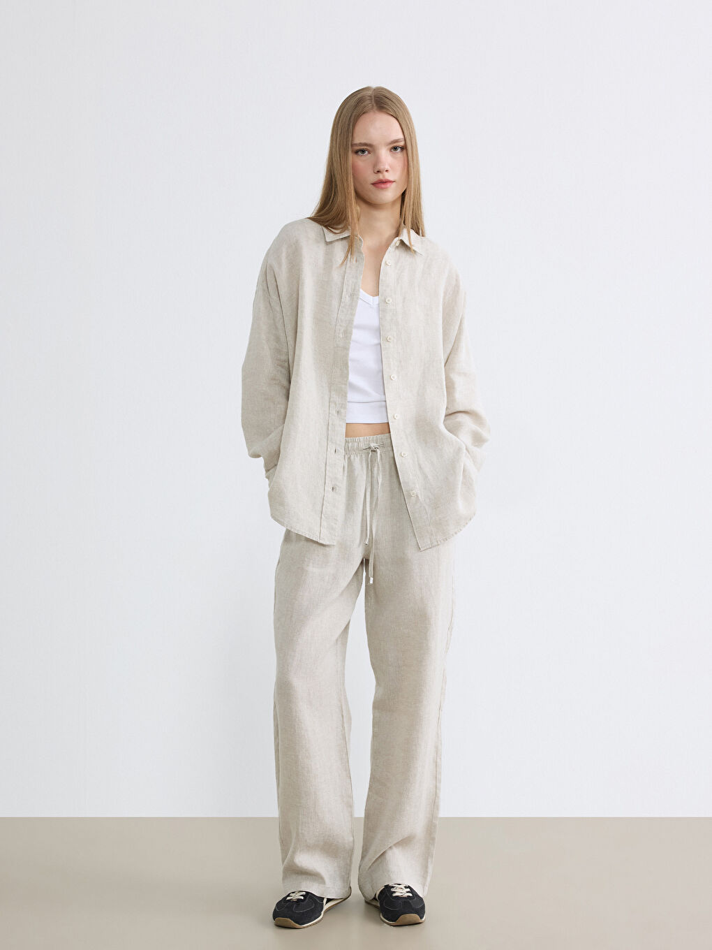 Bej Oversize Keten Kadın Gömlek-1