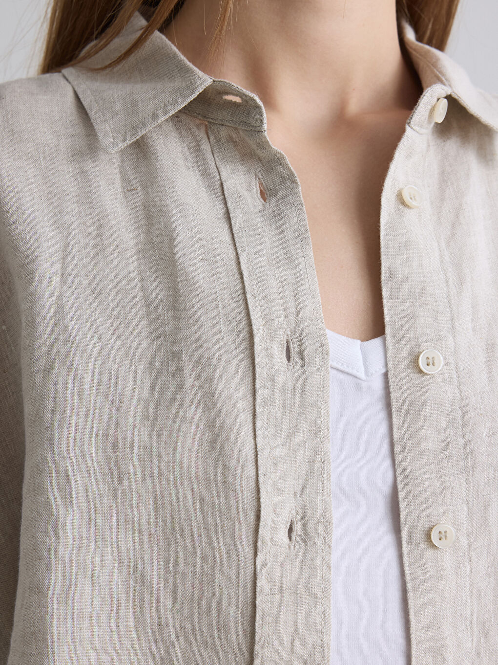 Bej Oversize Keten Kadın Gömlek-2