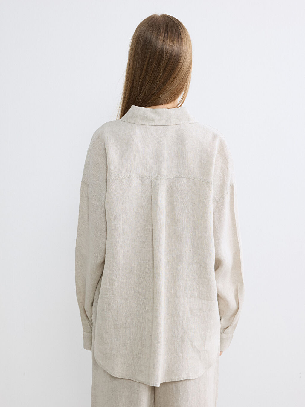 Bej Oversize Keten Kadın Gömlek-3