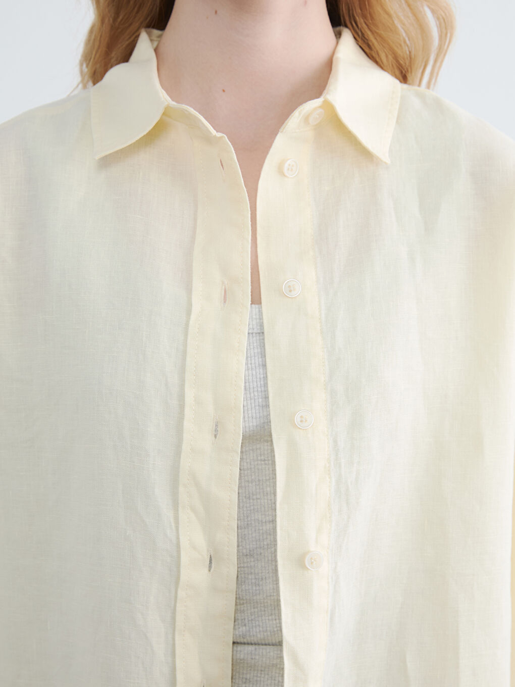 Sarı Oversize Kadın Keten Gömlek-4