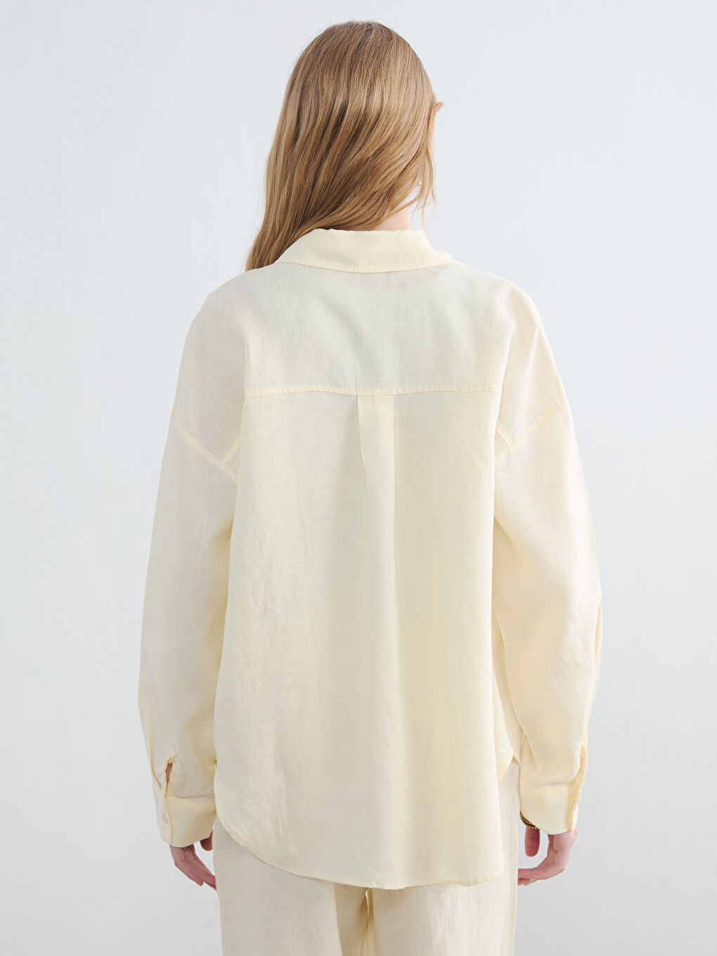 Sarı Oversize Kadın Keten Gömlek-5