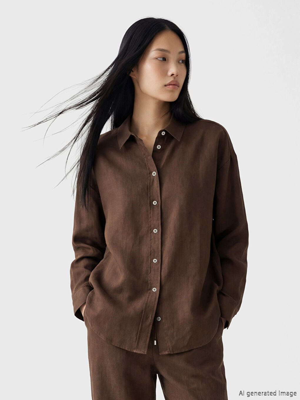 Kahverengi Oversize Kadın Keten Gömlek