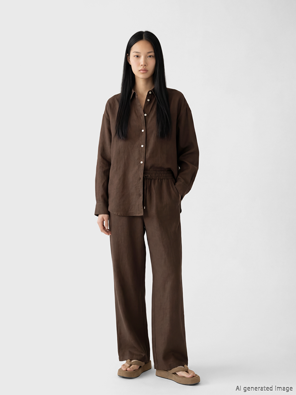 Kahverengi Oversize Kadın Keten Gömlek-1